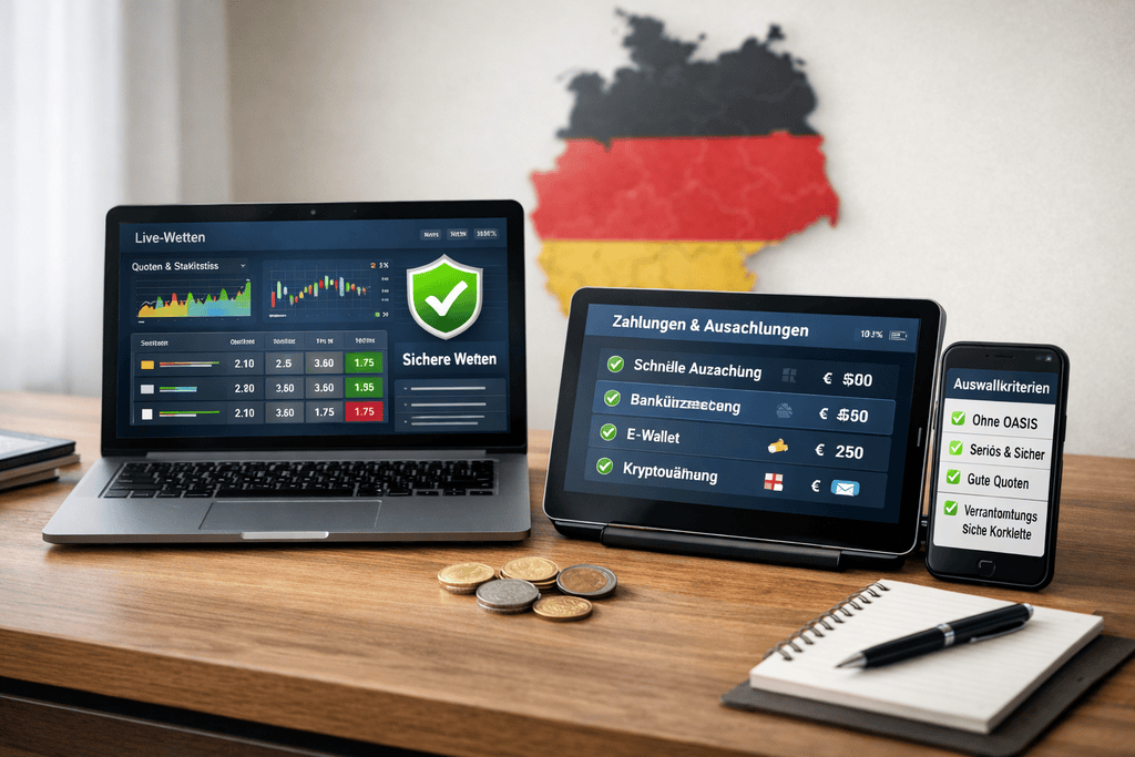 Ein modernes, realistisches 16:9‑Hero‑Bild zeigt einen aufgeräumten Schreibtisch mit Laptop, Tablet und Smartphone, auf denen abstrakte Sportwetten‑Statistiken, Quoten, Sicherheits‑Symbole und Zahlungsübersichten dargestellt sind. Dezente Euro‑Münzen und eine stilisierte Deutschland‑Karte unterstreichen den seriösen Kontext. Das Bild vermittelt Transparenz, Sicherheit und klare Auswahlkriterien für Wettanbieter ohne OASIS.