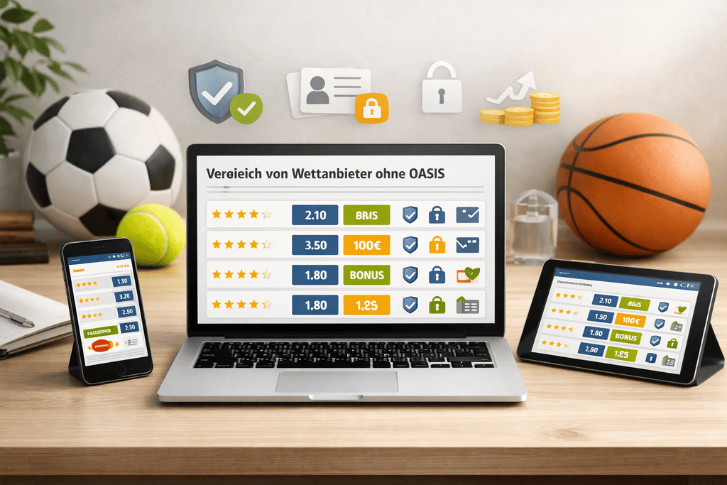 Ein modernes, helles Vergleichsbild zu Wettanbieter ohne OASIS, das einen aufgeräumten Desktop mit Laptop, Smartphone und Tablet zeigt, ergänzt durch abstrakte Quoten, Sicherheits‑Icons, Lizenzelemente und dezente Sportobjekte für eine seriöse, transparente Vergleichsatmosphäre.